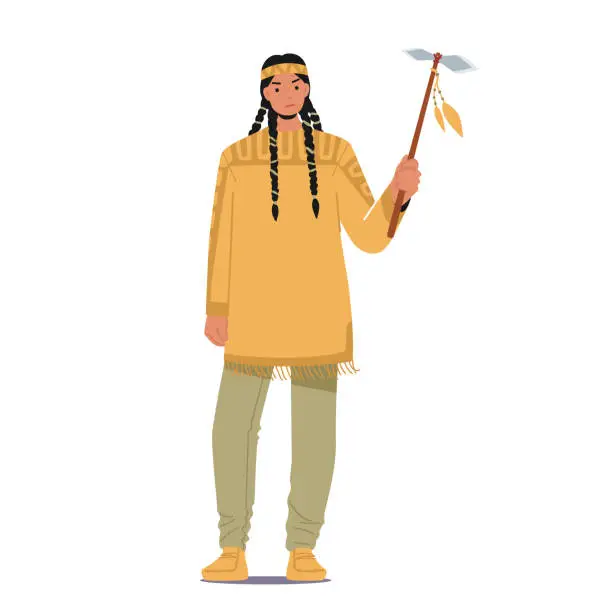 Vector illustration of Warlike Native American Character with Pigtails and Axe. Native Person in Tribal Dress with Weapon. Indigenous Warrior