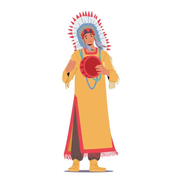 Vector illustration of Native American Chief or Shaman in Tribal Dress and Headwear with Feathers Play Tambourine and Sing. Native Indigenous