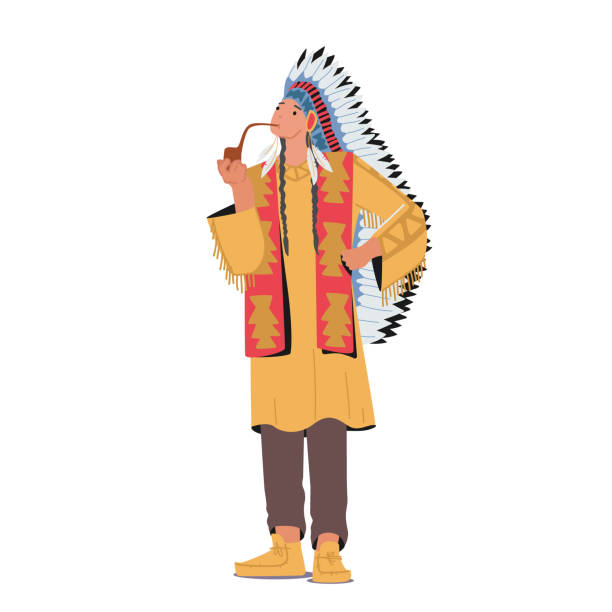 인디언 미국인 족장 부족 복장과 깃털 흡연 평화의 파이프와 머리옷. 원주민 아파치 - native american north american tribal culture tribal chief headdress stock illustrations