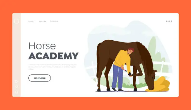 Vector illustration of Horse Academy Landing Page Template. Stableman Male Characters Care of Purebred Horse Cleaning Hooves