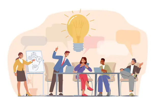 Vector illustration of Brainstorm, Teamwork Process Concept. Business People Discuss Idea on Board Meeting in Office. Team Project Development