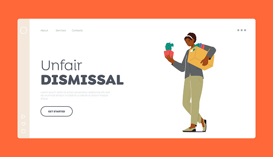 Unfair Dismissal Landing Page Template. Sad Fired Girl with Box and Cactus in Pot Leaving Job. Woman Employee Dismiss From Job. Manager Clerk Firing, Unemployment Concept. Cartoon Vector Illustration