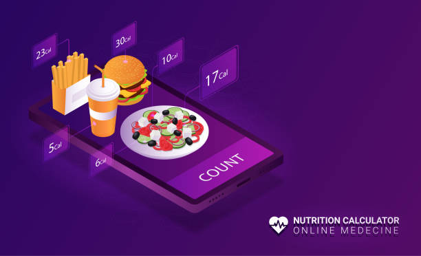 Nutrition calculator concept Nutrition calculator concept. Smartphone and fast food, modern technology and digital world. Apps for active lifestyle and fitness, weight loss and fat burning. Cartoon isometric vector illustration Calculate Daily Calories stock illustrations