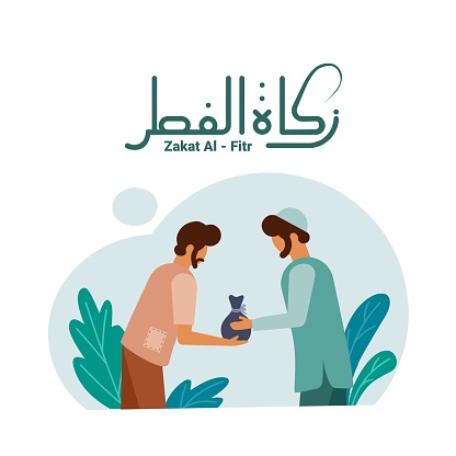 Muslim men give charity, with the Arabic text Zakat Al fitr which means charity given to the poor at the end of fasting in the holy month of Ramadan. vector illustration.