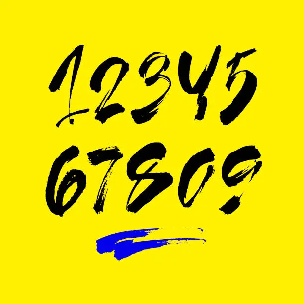 Vector illustration of set of calligraphic acrylic or ink numbers. ABC for your design, brush lettering on a yellow background