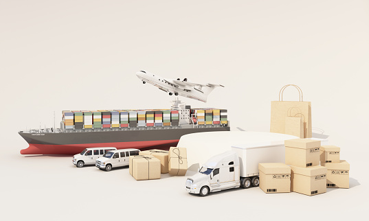 international transport shipping concept podium product stand surrounded by cardboard boxes, a cargo container ship, a flying plane, a van and a truck isolated on white background 3D rendering