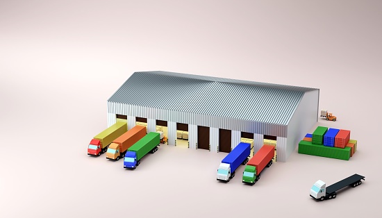 Container truck park to loading or unloading cargo shipment at storehouse 3D rendering illustration