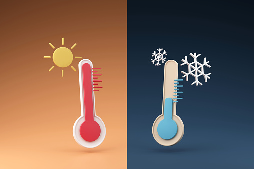 Temperature contrast cold and heat weather minimal thermometer symbol 3D rendering illustration