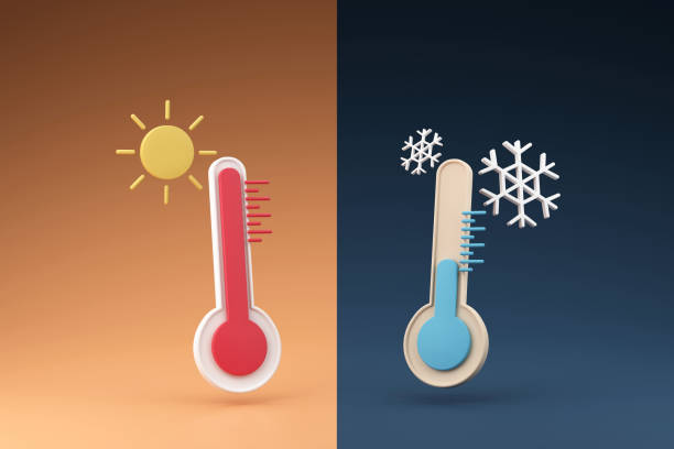 Temperature contrast minimal thermometer 3D render illustration Temperature contrast cold and heat weather minimal thermometer symbol 3D rendering illustration heat temperature stock pictures, royalty-free photos & images