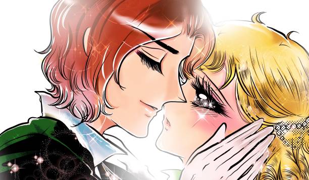 ilustraciones, imágenes clip art, dibujos animados e iconos de stock de ilustración de una princesa con rollos verticales rubios que de repente es besada por un apuesto príncipe en un manga shoujo de los años 70. - princesa de anime
