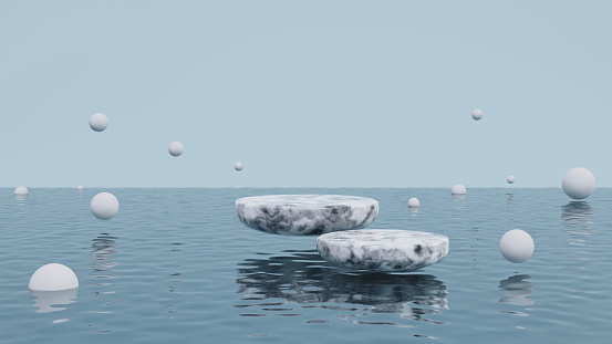 Abstract empty mock up marble product display platform levitating in the midair above water surface with spherical balls for product presentation 3D rendering illustration