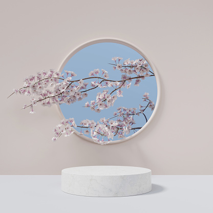 Mock up cylindrical white marble pedestal showcase podium stage with natural fresh cherry blossom branches and round window for product presentation 3D rendering illustration