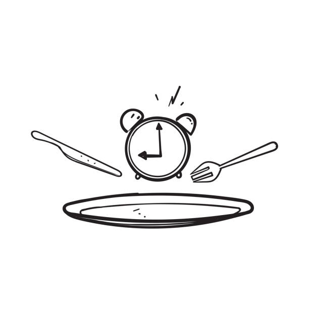 ręcznie rysowany czas doodle zjedz lunch ikona ilustracja wektor - lunch clock healthy eating plate stock illustrations