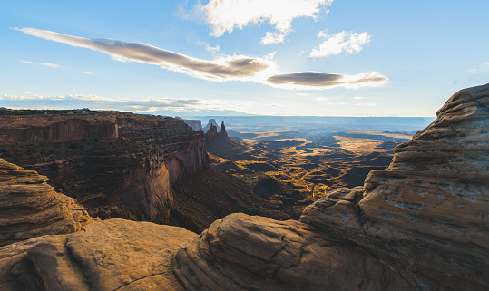 Aerial view showing the sunrise at the Canyonlands National Park in Utah, USA.
