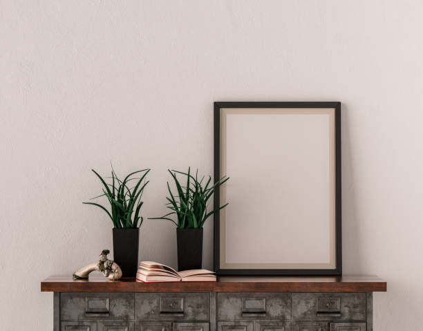 istock Single picture frame on an interior room console table with decorative accessories on it, 3d Rendering 1393251321