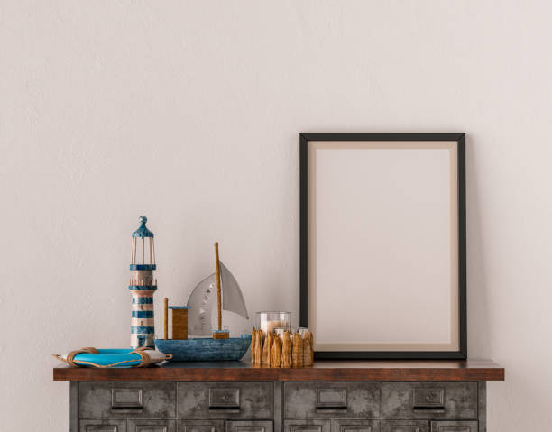 istock Single picture frame on an interior room console table with decorative accessories on it, 3d Rendering 1393251341