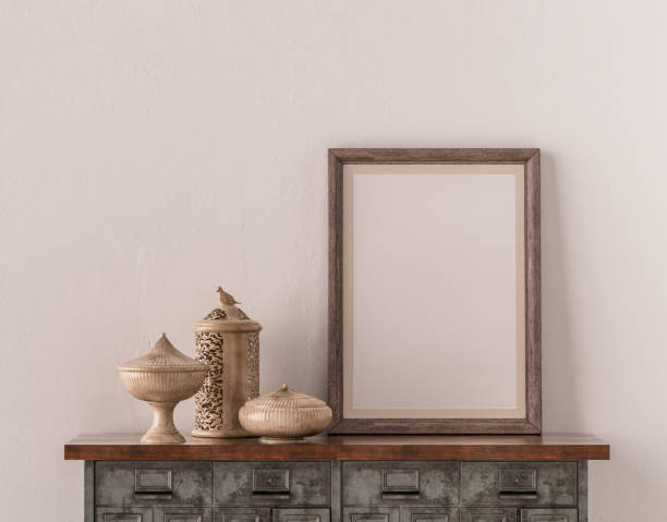 istock Single picture frame on an interior room console table with decorative accessories on it, 3d Rendering 1393251365