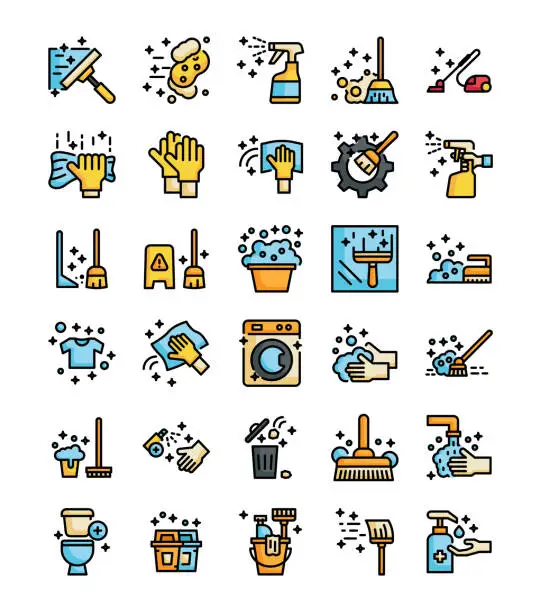 Vector illustration of cleaning filled outline icons