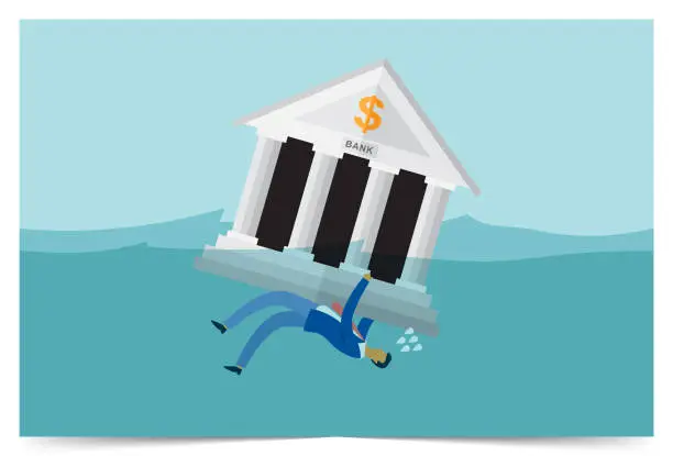 Vector illustration of Building of the bank drowning