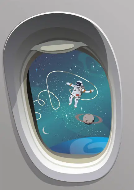 Vector illustration of View into space from the porthole. Vector.