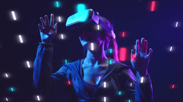 Metaverse education, teaching and learning in the metaverse, woman playing education game metaverse digital world futuristic cyberspace background