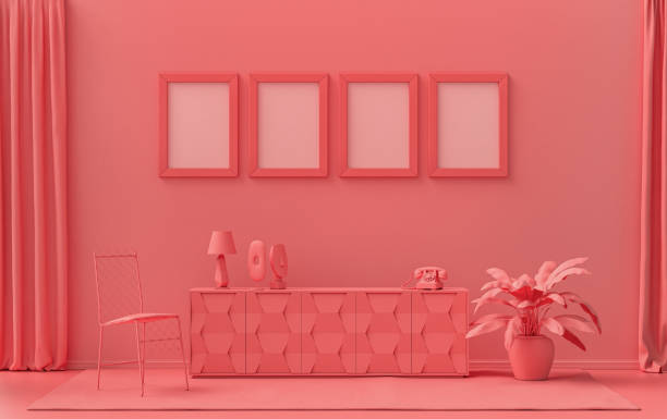 istock Single color monochrome light pink interior room, 4 poster frames 1393253824