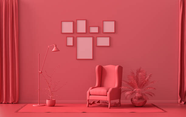 istock Mock-up poster gallery wall with 7 frames in solid pastel dark red, maroon room 1393254473