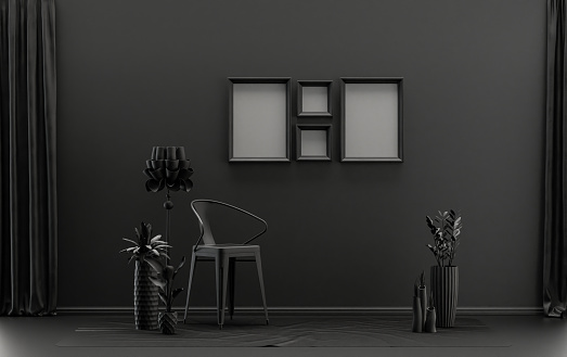 Single color monochrome black dark interior room, 4 poster frames