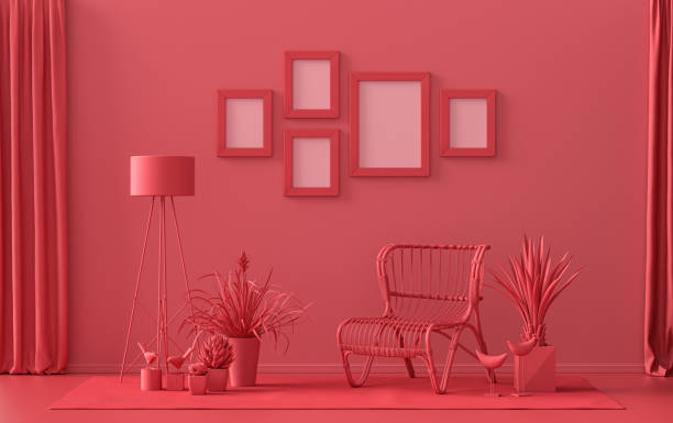 istock Flat color interior room for poster showcase with 5 frames, monochrome red gallery wall 1393254680