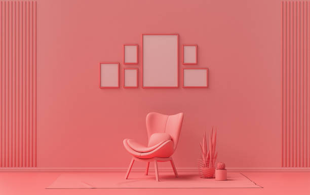istock Wall mockup with six frames in solid flat pastel light pink, monochrome interior  and plants 1393254699