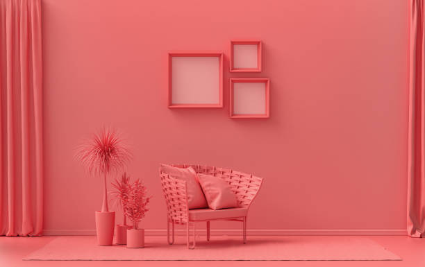 istock Gallery wall with three frames, in single light pink room and plants 1393254720