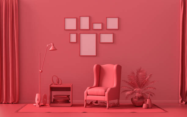istock Mock-up poster gallery wall with 7 frames in solid pastel dark red, maroon room 1393254744