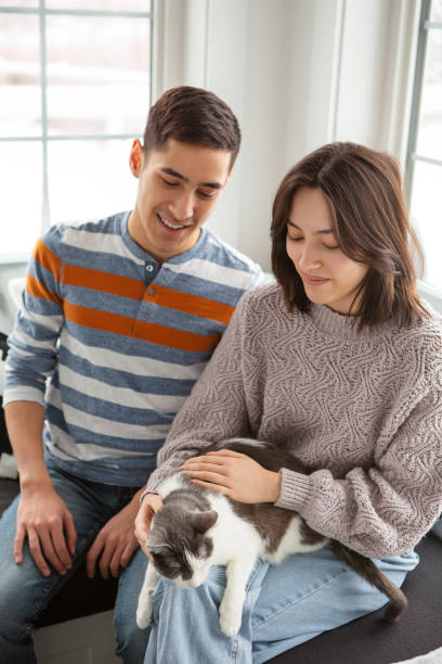 istock Teenager sibling petting cat 1393254856
