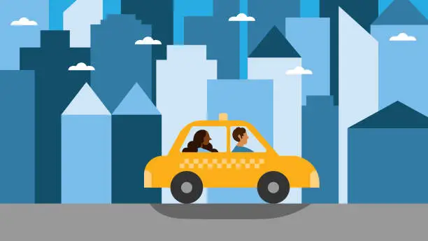 Vector illustration of Woman of Color Solo Travels in City in a Taxi