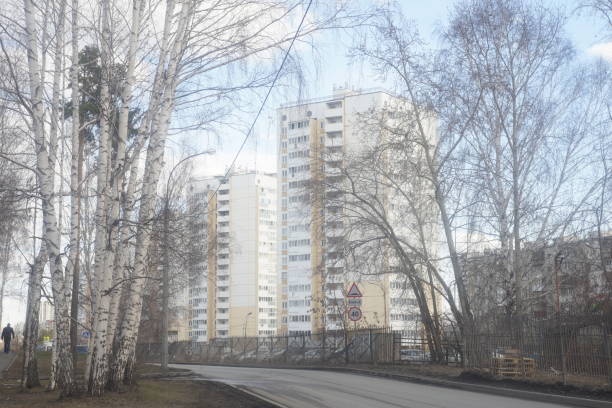 istock Landscape with buildings, trees, bushes and sidewalks. 1393255839