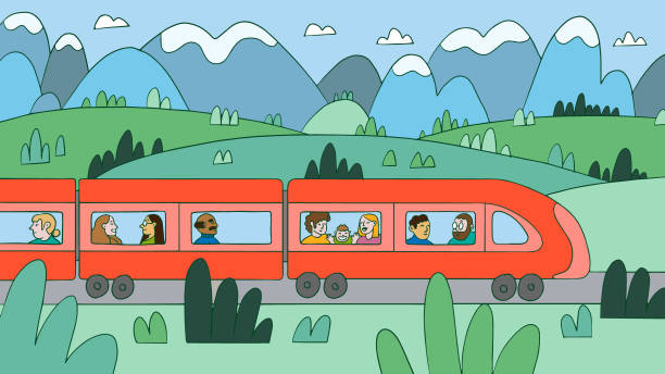 ilustrações de stock, clip art, desenhos animados e ícones de train travel with diverse people passengers in countryside - local train