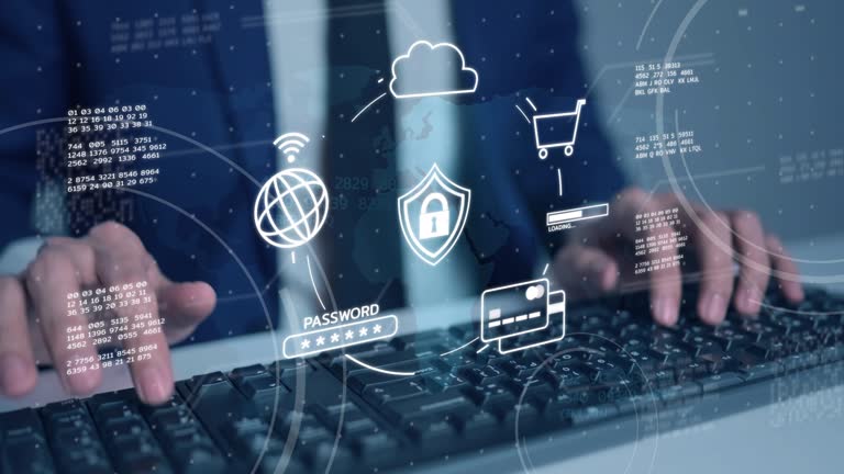 Secure payment online shopping digital wallet, mobile wallet safety, business man with computer VPN virtual private network internet cyber security cyber crime protection.