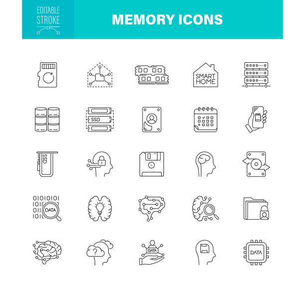 ilustraciones, imágenes clip art, dibujos animados e iconos de stock de iconos de memoria trazo editable. el conjunto contiene iconos como cerebro, datos, recuerdos, ssd - memory card memories technology data