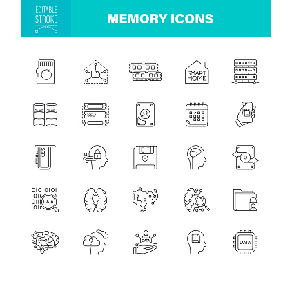 Memories Icon Set. Editable stroke. Reminder, Data, Storage, Hard Drive.