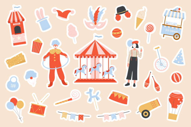 ilustrações de stock, clip art, desenhos animados e ícones de funny circus and carnaval party stickers set, carousel, clown mime in costumes, balloon - entertainment clown child circus