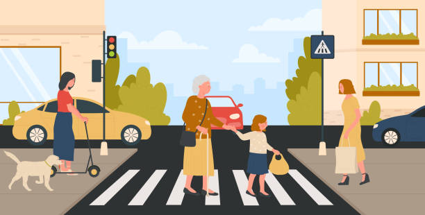 illustrazioni stock, clip art, cartoni animati e icone di tendenza di ragazzo educato con buone maniere che tiene la nonna per mano per aiutare ad attraversare la strada della città all'incrocio - red stop stop sign go