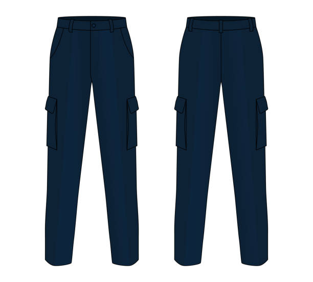 Navy Blue Factory Uniform Pants Template on White Background, Vector File. Front and Back View. trousers stock illustrations