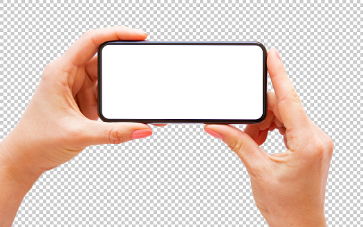 Person holding phone in hands, mockup for phone camera. Transparent pattern background.