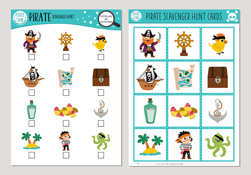 Vector pirate scavenger hunt cards set. Seek and find game with cute pirate, ship, mermaid for kids. Sea adventures or treasure island searching activity. Simple educational printable worksheet