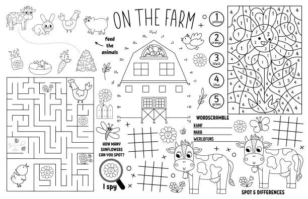 Vector illustration of Vector on the farm placemat for kids. Country farm printable activity mat with maze, tic tac toe charts, connect the dots, find difference. Farmhouse black and white play mat or coloring page
