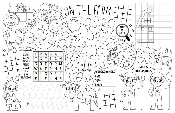 Vector illustration of Vector on the farm placemat for kids. Country farm printable activity mat with maze, tic tac toe charts, connect the dots, find difference. Farmhouse black and white play mat or coloring page