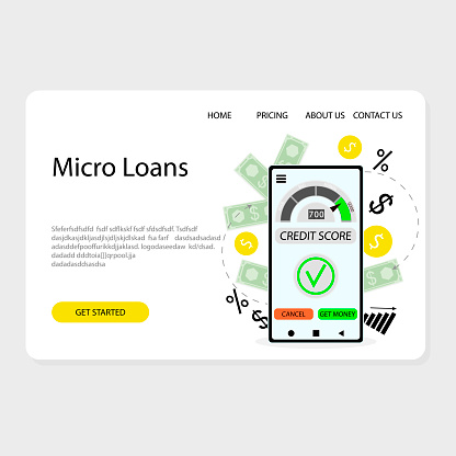 Micro loan financial bank sevice landing page. Vector immediately loan, business indicator report to get mortgage, excellent performance to quickly loan illustration