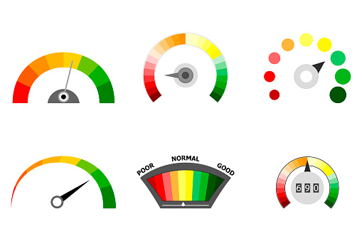 Set of indicators spectrum device measure credit score. Vector credit indicate measure, electricity power level and dashboard assessment illustration