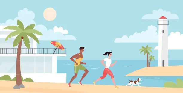 Vector illustration of Couple of runners and dog run on beach, healthy active workout of jogging people