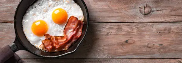 Fried eggs and bacon for breakfast on wooden table, banner, copy space. Homemade traditional keto breakfast. Good morning concept.